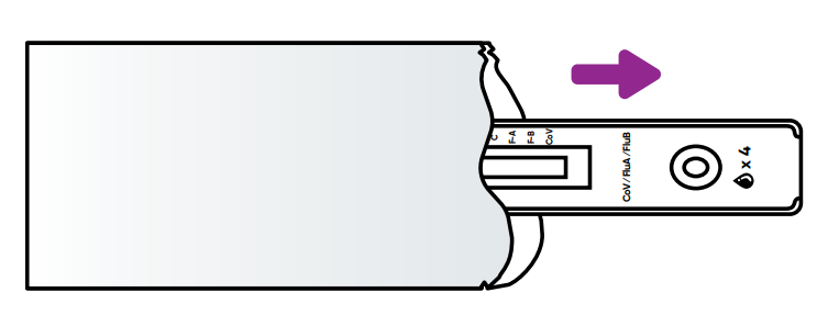 Illustration showing a test cassette being pulled out of its sealed pouch, with a purple arrow indicating the direction to pull out.